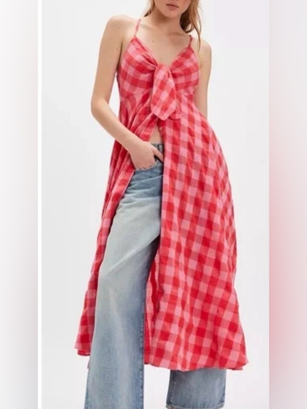 Free People Via Midi Dress In a Bohemian Red Gingham Print Size Small NWT - Picture 1 of 13
